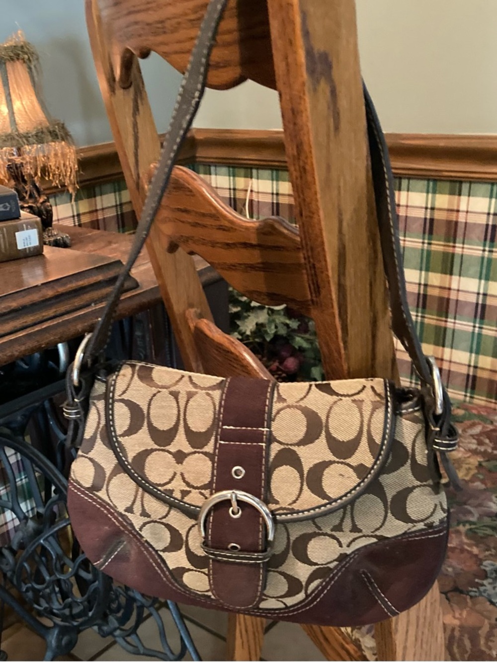 SOLD. Coach Brown Signature Logo Shoulder Bag with Leather Trim